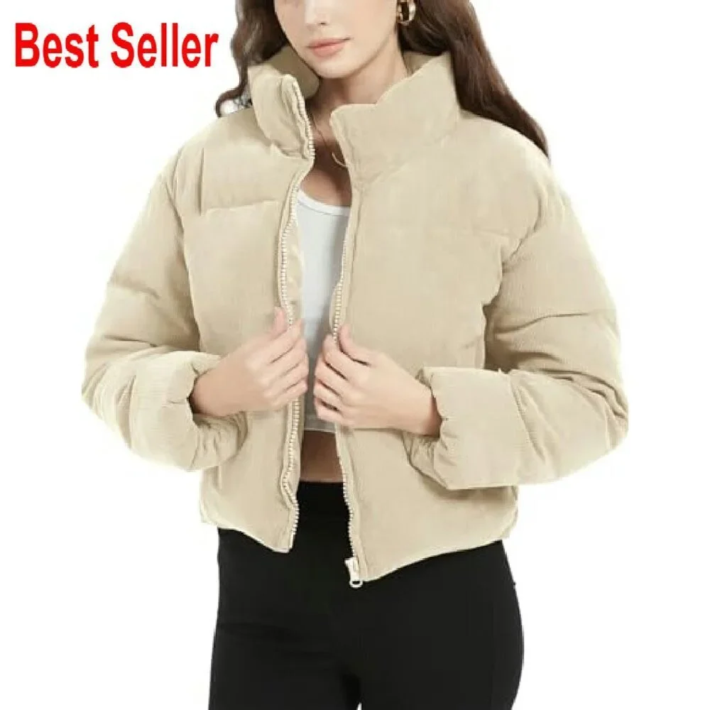 Cropped Corduroy Puffer Jacket Quilted Down Winter Chic Y2K Retro